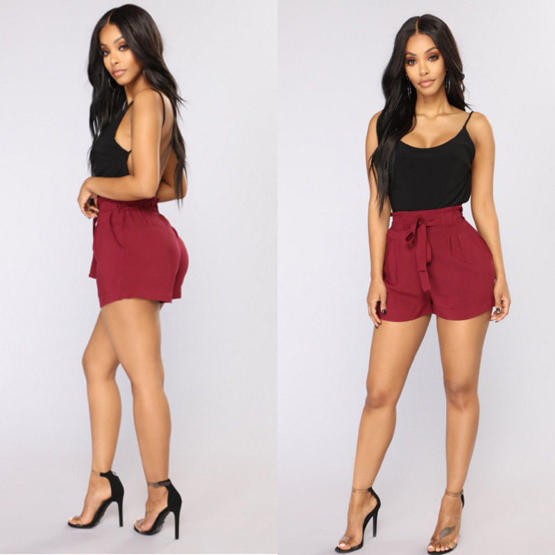 Womens High waist Shorts Elastic Waist Belt Bandage Solid Shorts Female Beach Loose Shortpants