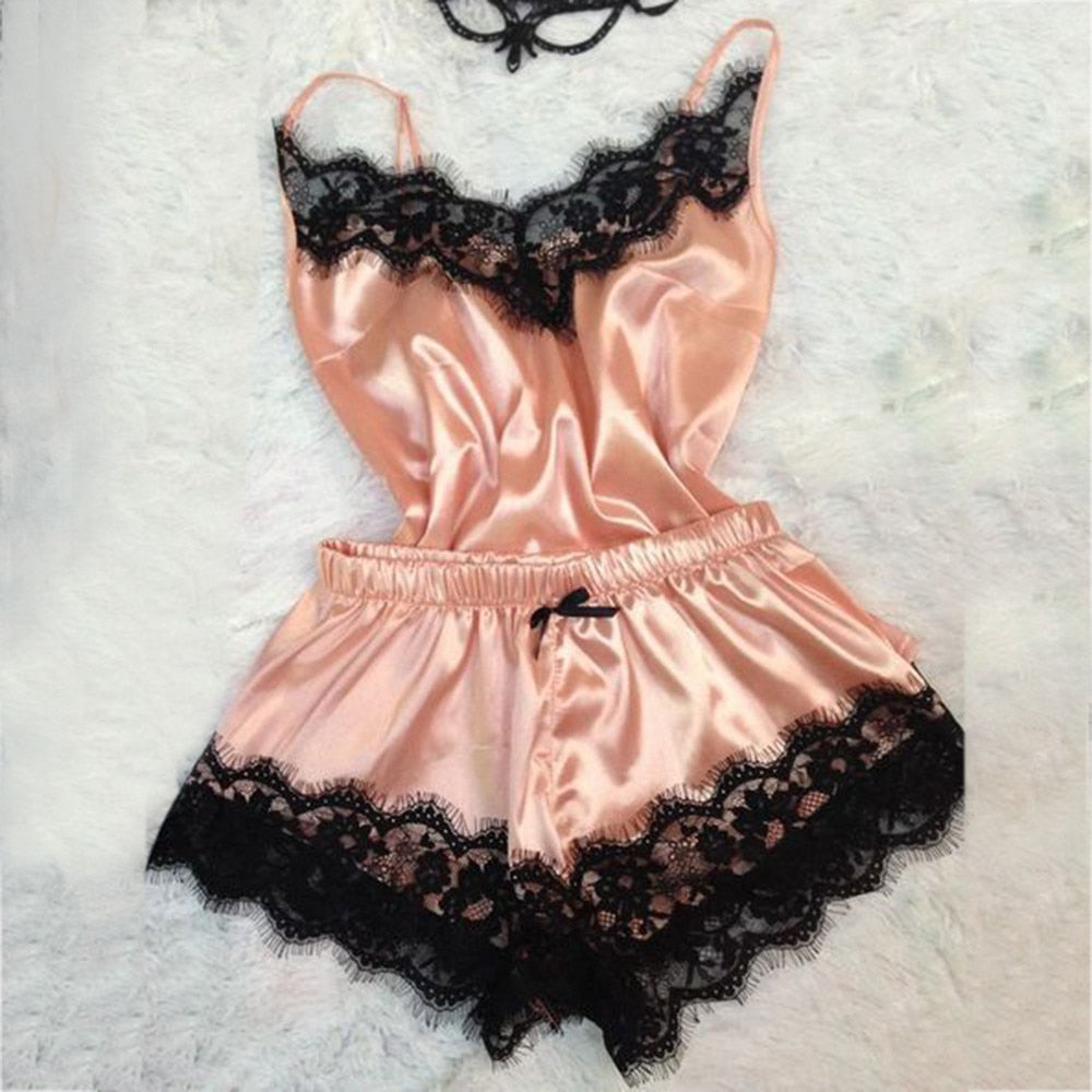 Women's Sleepwear Sexy Satin Pajama Set Black Lace V-Neck Pyjamas Sleeveless Cute Cami Top and Shorts pijama mujer algodon veran