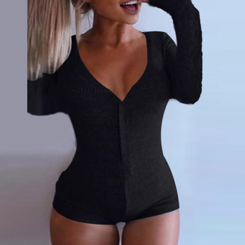 Sexy V Neck Long Sleeve Solid Bodysuit Women Casual Button stretch Slim Rompers Lady Elegant Knit Bodycon Jumpsuit Overalls