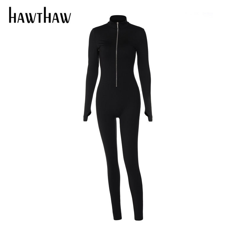 Hawthaw Women Long Sleeve Zipper Bodycon Black White Jumpsuit Overalls 2022 Spring Autumn Clothes Wholesale Items Dropshipping