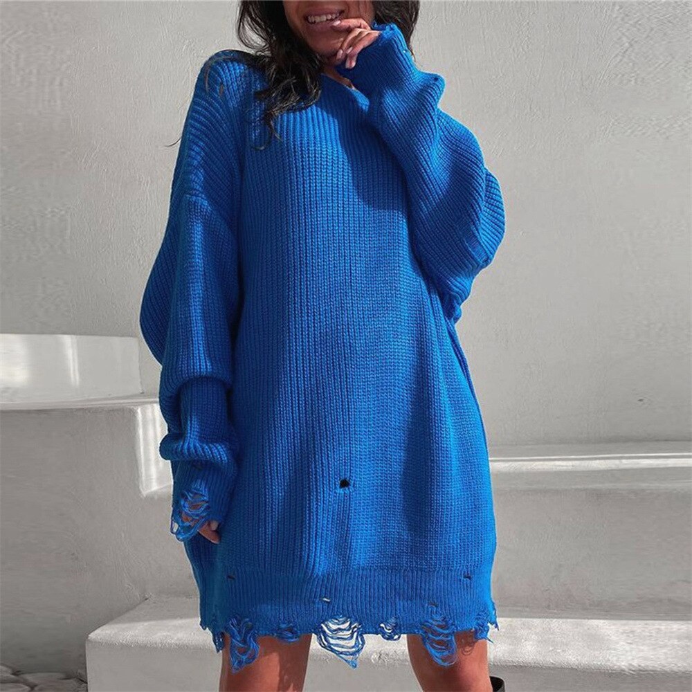 Puloru Autumn Winter Knitted Long Sweaters Dress Chic Fashion Women Solid Jumpers Ripped Holes Loose Long Sleeve Pullover Dress