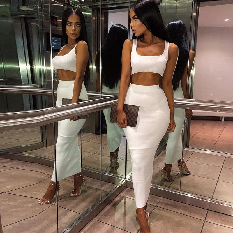 HAWTHAW women summer clothes soild color casual crop tank tops long pencil skirt fitness skinny outfit suit two piece 2pc sets