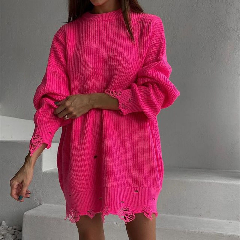 Puloru Autumn Winter Knitted Long Sweaters Dress Chic Fashion Women Solid Jumpers Ripped Holes Loose Long Sleeve Pullover Dress