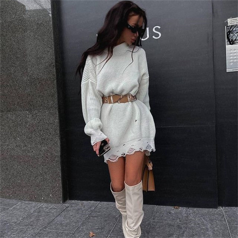 Puloru Autumn Winter Knitted Long Sweaters Dress Chic Fashion Women Solid Jumpers Ripped Holes Loose Long Sleeve Pullover Dress