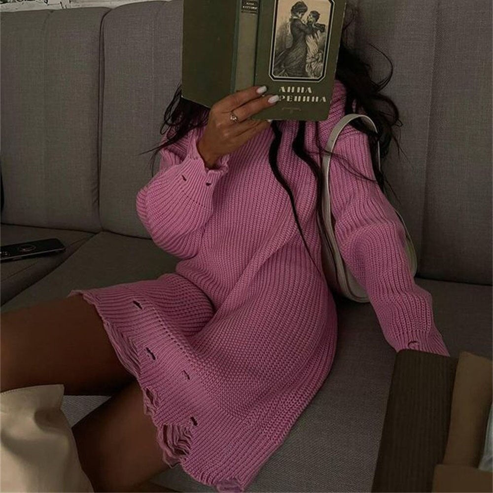 Puloru Autumn Winter Knitted Long Sweaters Dress Chic Fashion Women Solid Jumpers Ripped Holes Loose Long Sleeve Pullover Dress