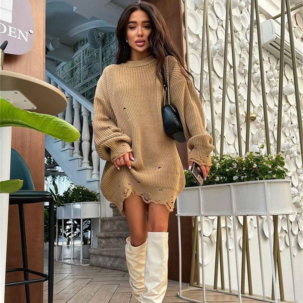 Puloru Autumn Winter Knitted Long Sweaters Dress Chic Fashion Women Solid Jumpers Ripped Holes Loose Long Sleeve Pullover Dress