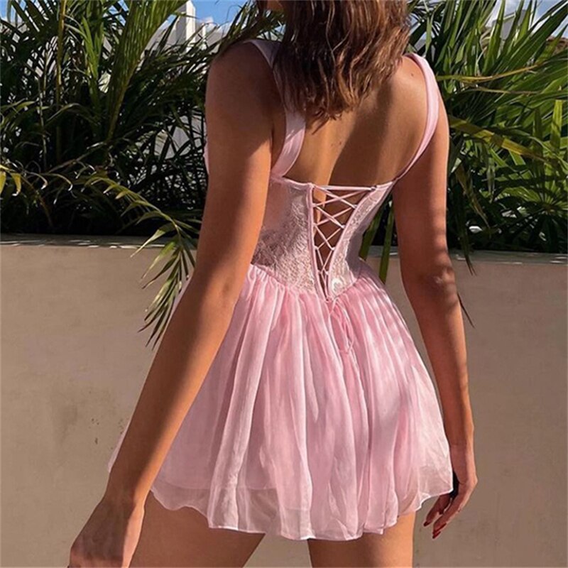 Puloru Sweet Elegant Ribbon Suspender Corset Dress Women Sleeveless Low Cut Flowy A-line Short Tank Dress Party Holiday Vestidos