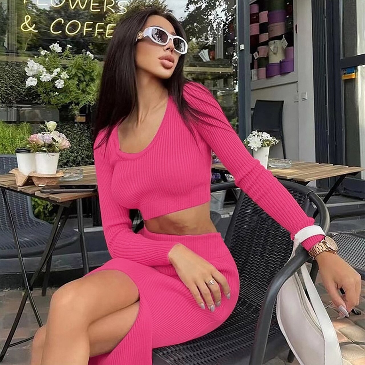 2022   Fashion  Sexy Slim Fitting Women's New Thread Short Top  Party Split Half Skirt Autumn  Winter New 2 Piece Outfit Women