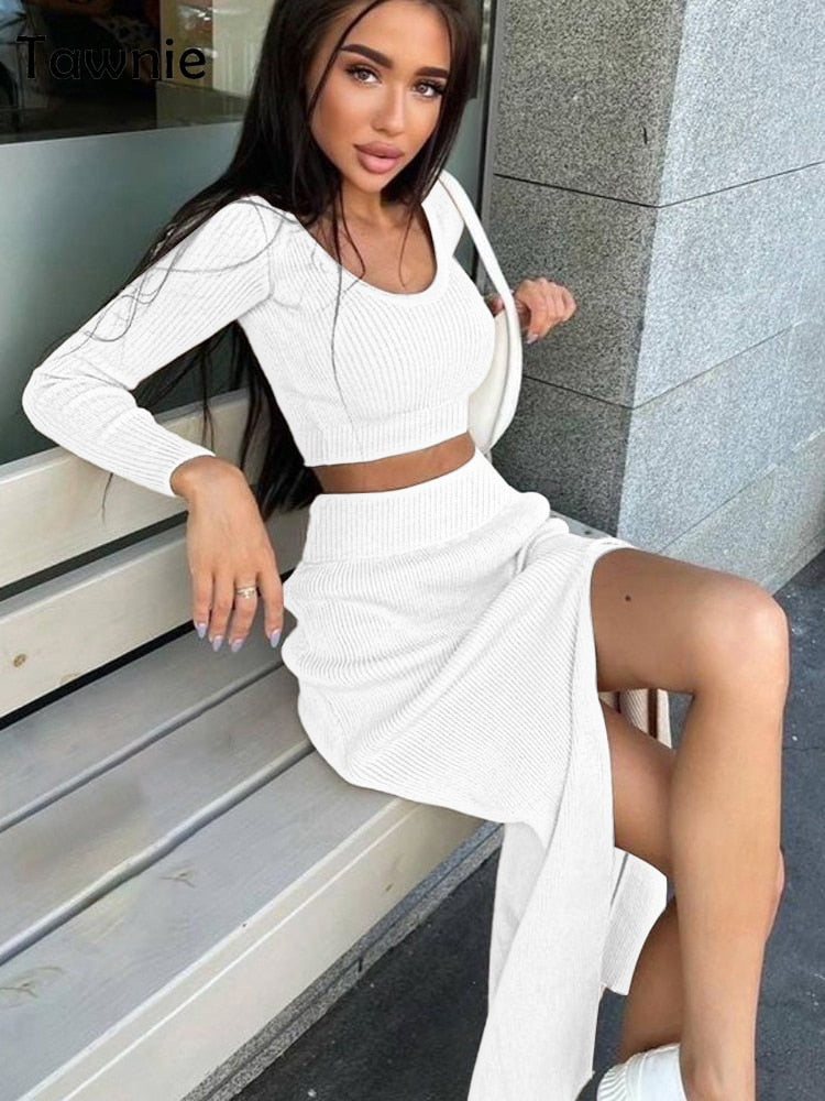 2022   Fashion  Sexy Slim Fitting Women's New Thread Short Top  Party Split Half Skirt Autumn  Winter New 2 Piece Outfit Women