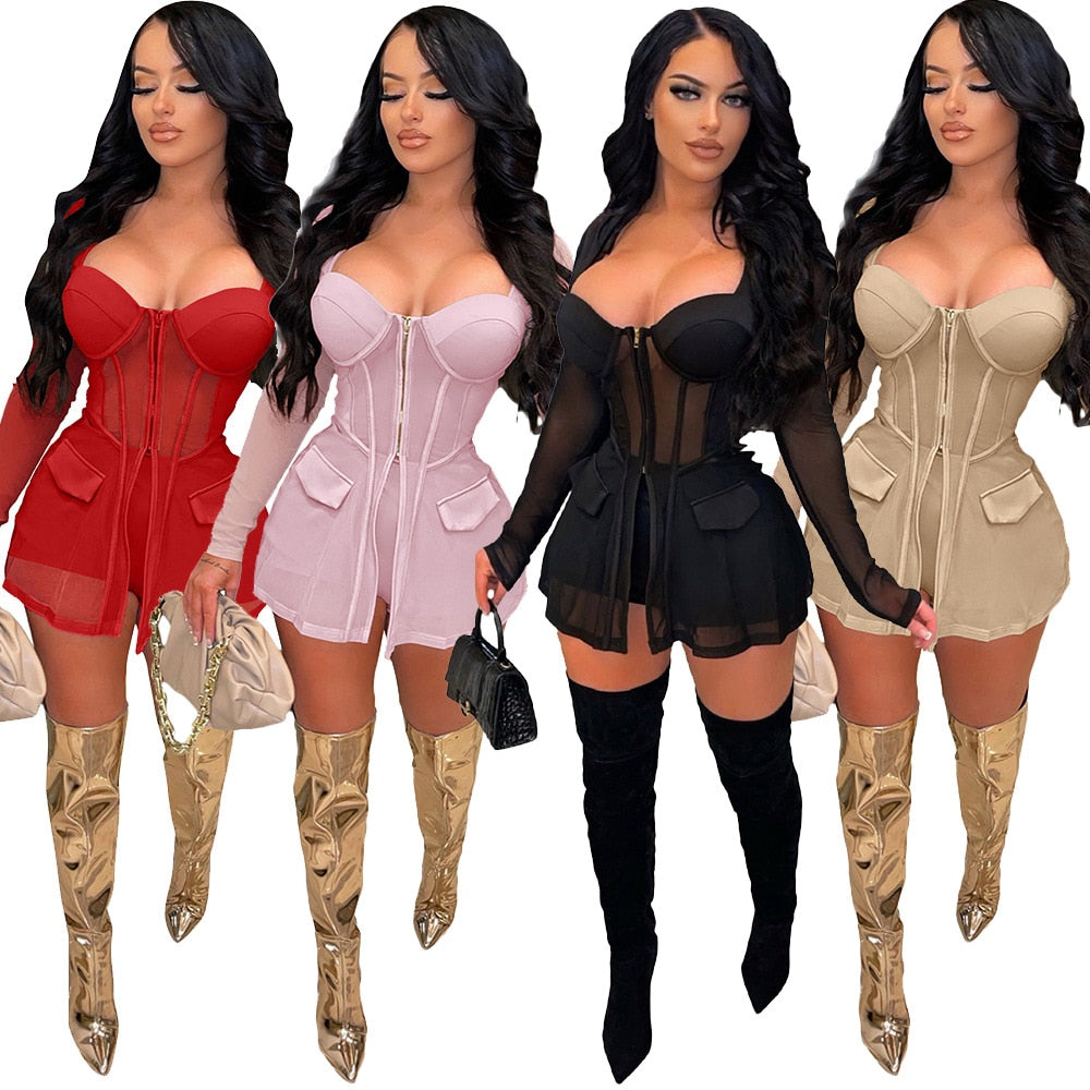 Tracksuit Two Piece Set Women Sheer Mesh Shirt Coat and Panty Solid See Through Party Night Cloths Streetwear Matching Outfits