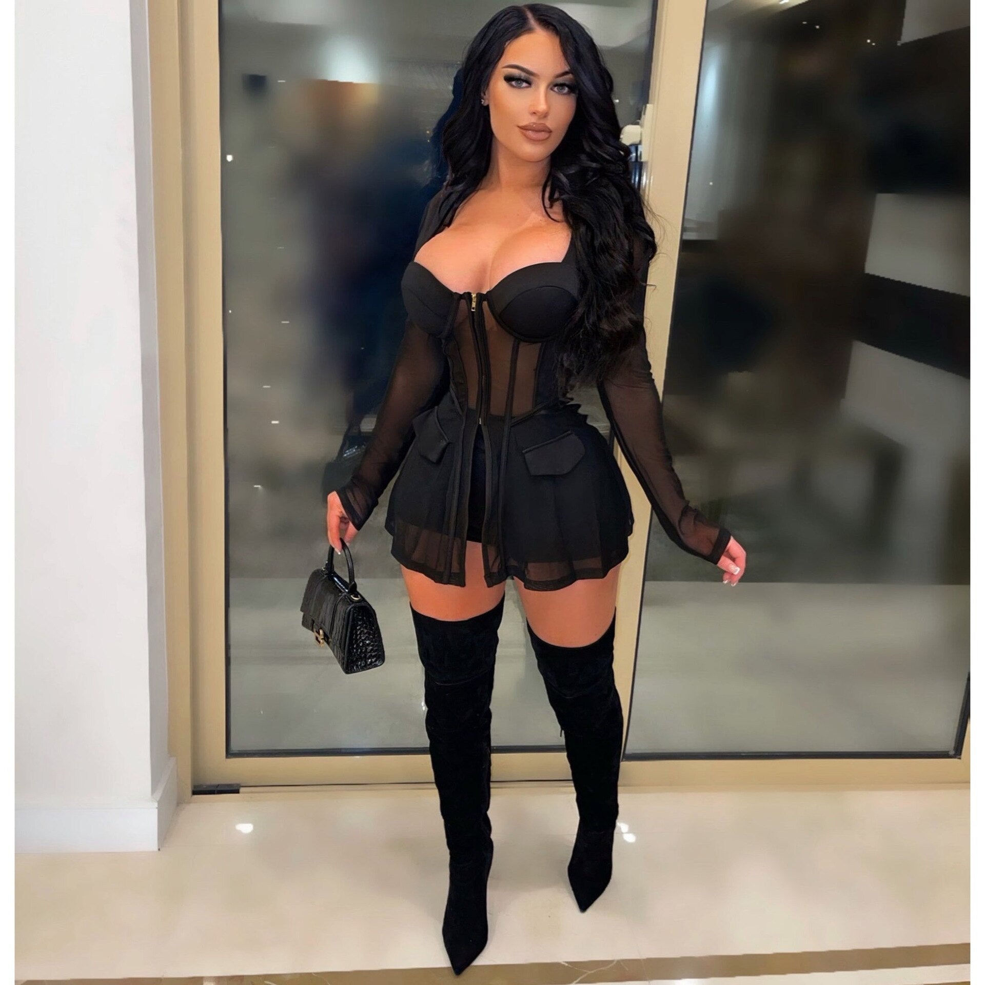 Tracksuit Two Piece Set Women Sheer Mesh Shirt Coat and Panty Solid See Through Party Night Cloths Streetwear Matching Outfits