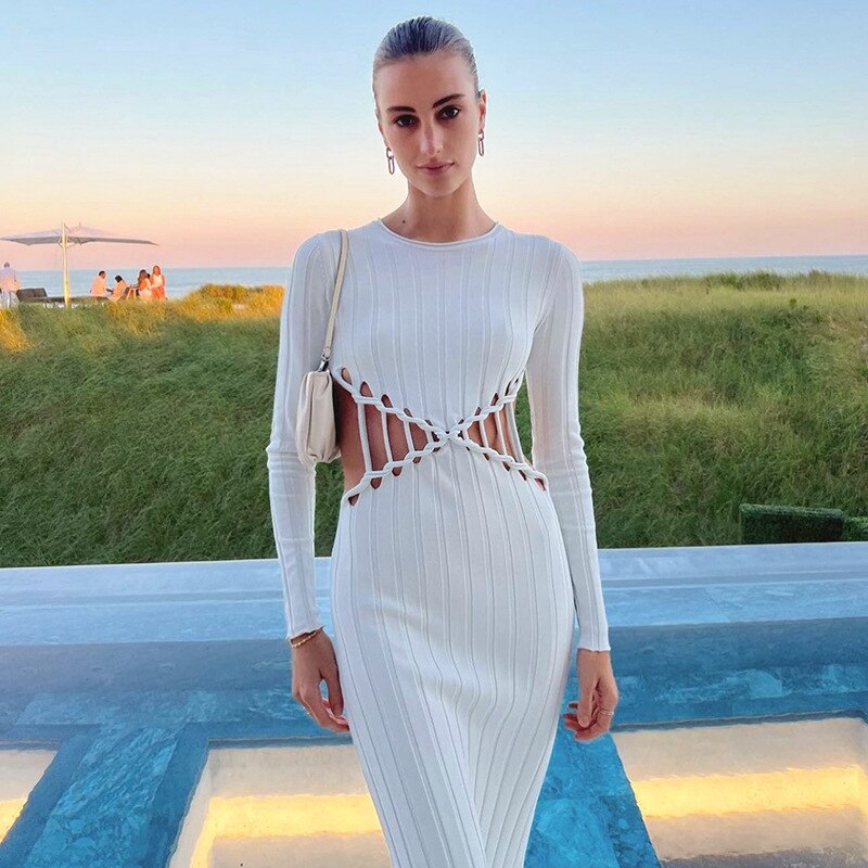 Hawthaw Women Elegant Long Sleeve Bodycon Streetwear White Midi Dress 2022 Autumn Clothes Wholesale Items For Business