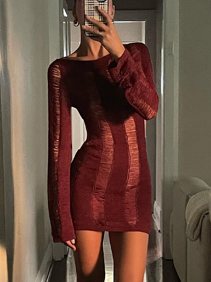 Puloru Sexy Knitted Cutout Short Dress 2022 Spring Summer Backless Long Sleeve Round Neck Wrapped Mini Dresses Streetwear Solid