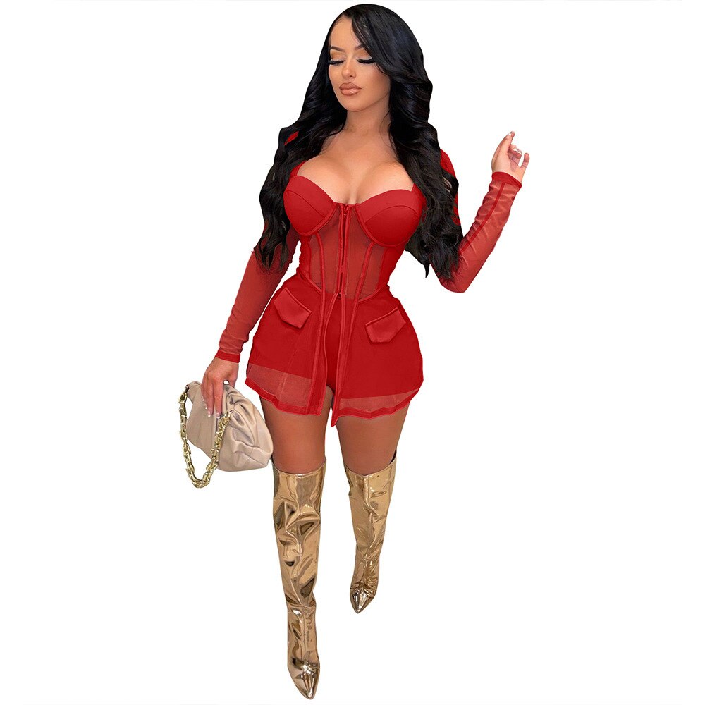 Tracksuit Two Piece Set Women Sheer Mesh Shirt Coat and Panty Solid See Through Party Night Cloths Streetwear Matching Outfits